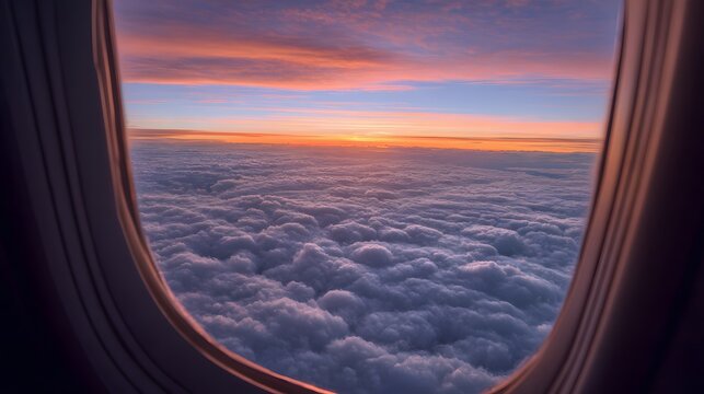 Stunning sunrise view from an airplane window looking out over a thick layer of fluffy clouds