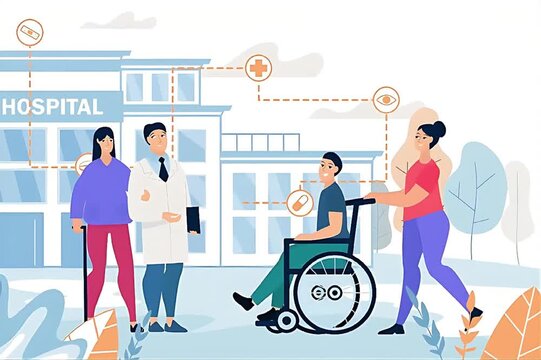 Medical treatment and healthcare vector illustration with doctors, patients in wheelchairs, and hospital background representing medical care, rehabilitation, and health services