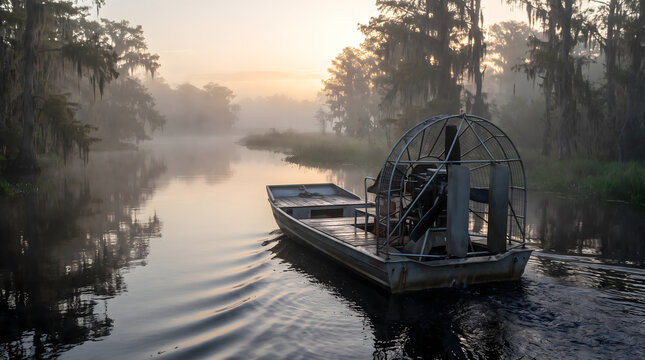A scenic airboat cruising along a misty southern swamp river at sunrise with cypress trees and morning fog
