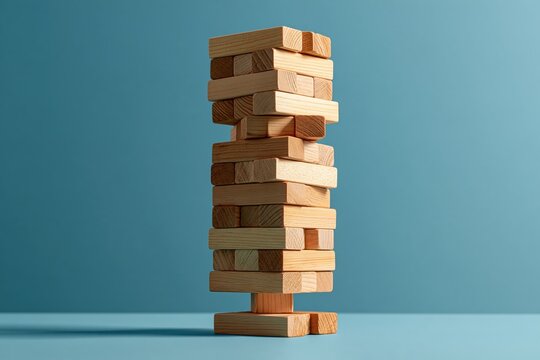 Wooden block tower balancing on a single narrow base representing fragile financial stability