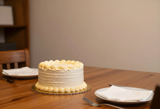 Celebration and birthday party concept, white frosted cake on a wooden dining table with plates and cutlery for a festive gathering at home