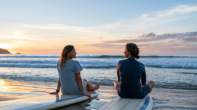 Premium commercial scene of two women surfers in their forties sitting on their boards at the water's edge, chatting and watching sunrise waves roll in, soft pastel sky, tropical c