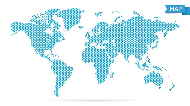 Blue dotted world map illustration with halftone dots graphic design