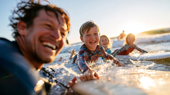 Premium commercial family surf lesson scene featuring a smiling parent and two kids in colorful rash guards holding soft-top boards in shallow warm water, gentle sunrise waves, saf