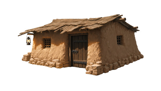 Rustic adobe hut with thatched roof and hanging lantern, isolated on transparent background