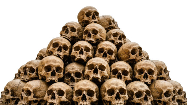 Pile of weathered human skulls stacked in a pyramid shape, isolated on transparent background