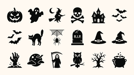 Fototapeta premium Halloween silhouette icons set, spooky black holiday symbols collection, 18 vector elements for party invitation and graphic design