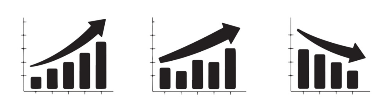 Arrow trend bar chart icons with increasing and decreasing values for financial report business analysis.