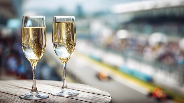 Two elegant champagne glasses on a wooden table overlooking a blurred professional race track