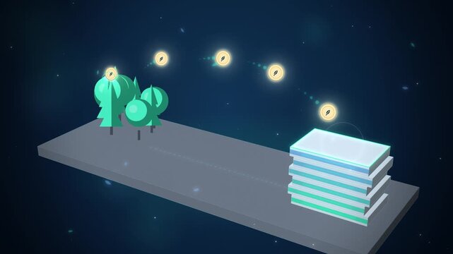 Angled carbon credit tokens flying from trees to ledger stack on navy