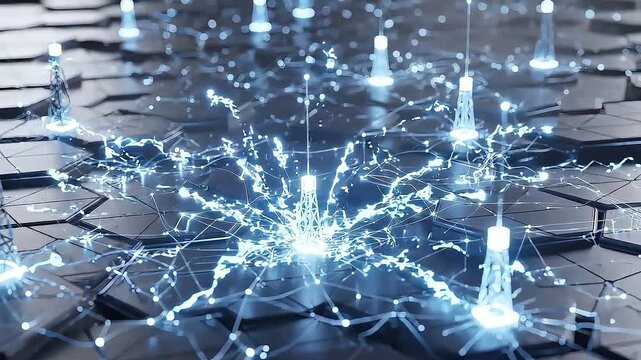 Abstract digital network with glowing data transfer and telecommunication towers on hexagonal grid.