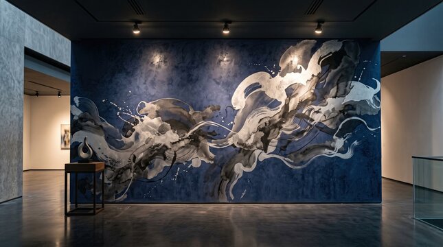 Modern luxury interior featuring dark blue abstract mural wall, contemporary art gallery room design with spotlight illumination