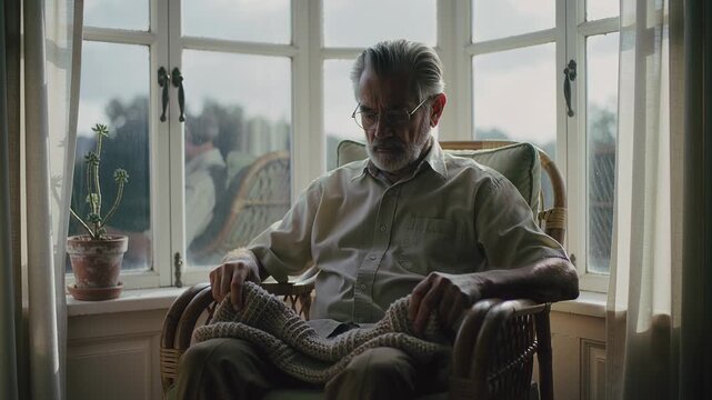 Lifting senior man wearing round glasses holding knitted blanket toward bay window