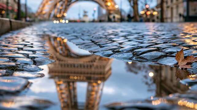 Eiffel Tower reflected in a rain puddle on a Parisian cobblestone street, low-angle ground-level perspective, wet stones glistening, soft overcast evening light, travel destination