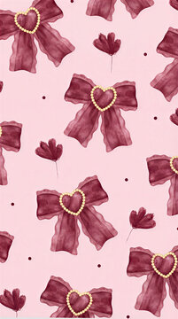 Watercolor burgundy bows with pearl hearts and dark floral accents on a pink background, seamless decorative pattern