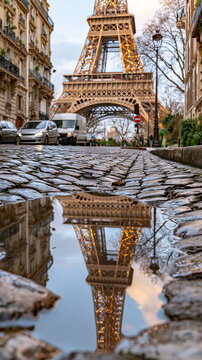 Eiffel Tower reflected in a rain puddle on a Parisian cobblestone street, low-angle ground-level perspective, wet stones glistening, soft overcast evening light, travel destination