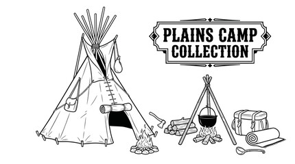 Very beautiful black and white realistic vector collection featuring Plains tipi, wooden poles, hide cover, cooking pot, storage basket, blanket, centered label "PLAINS CAMP COLLECTION", firewood and  © williamnoah