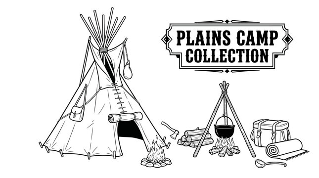 Very beautiful black and white realistic vector collection featuring Plains tipi, wooden poles, hide cover, cooking pot, storage basket, blanket, centered label "PLAINS CAMP COLLECTION", firewood and 