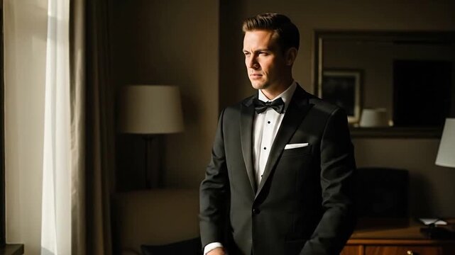 Man in tuxedo adjusting cufflinks, preparing for formal event