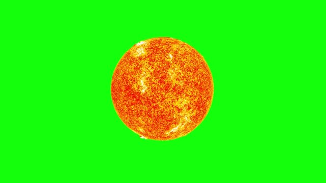 Realistic fiery orange sun with textured surface rotating on green screen background for space video