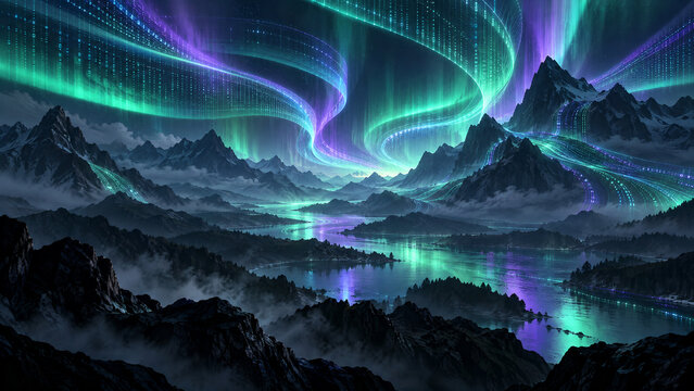 Enchanting aurora borealis with digital matrix patterns cascades over majestic mountains and reflective rivers, symbolizing nature's technology and cosmic beauty.