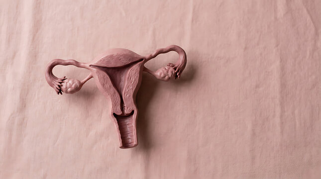 Detailed 3D model of female reproductive system featuring uterus fallopian tubes and ovaries displayed flat on a plain pink textured background for medical education and health awareness purposes