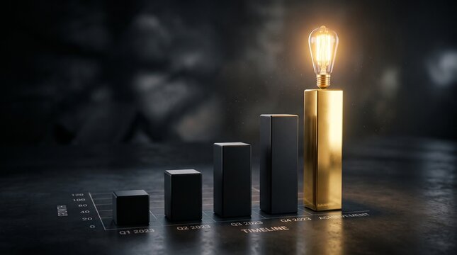 Innovative financial growth chart showing a glowing golden lightbulb as the highest bar representing business success
