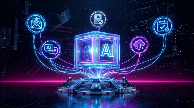 Artificial intelligence core processor concept showing a glowing neon cube connected to a digital data network
