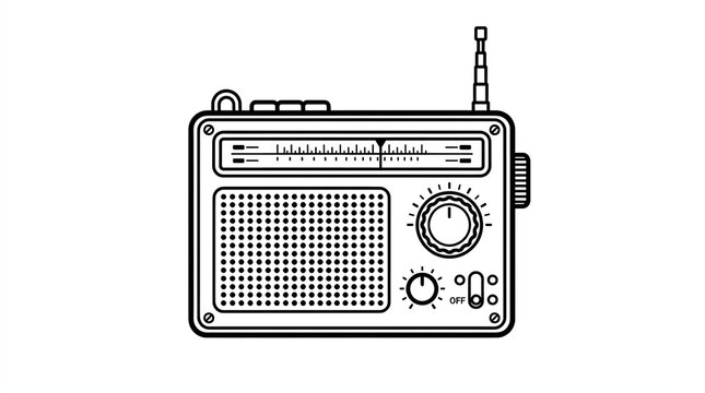Vintage radio vector illustration featuring clean black outlines, classic tuning dial, speaker grille pattern, extendable antenna, and retro aesthetic details for graphic design projects