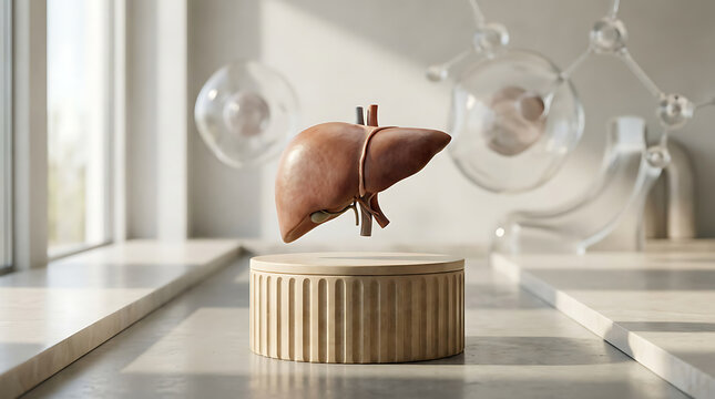 Human liver anatomical model floating above circular pedestal with abstract medical background elements representing healthcare diagnostics and internal organ education during bright studio daylight p