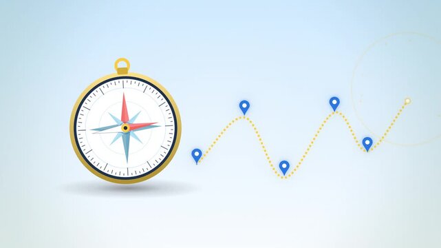 Gold compass guiding a dotted route with map pins seamless loop