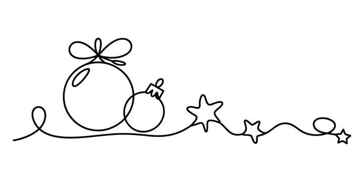 Continuous single line drawing of christmas baubles and stars for holiday decoration