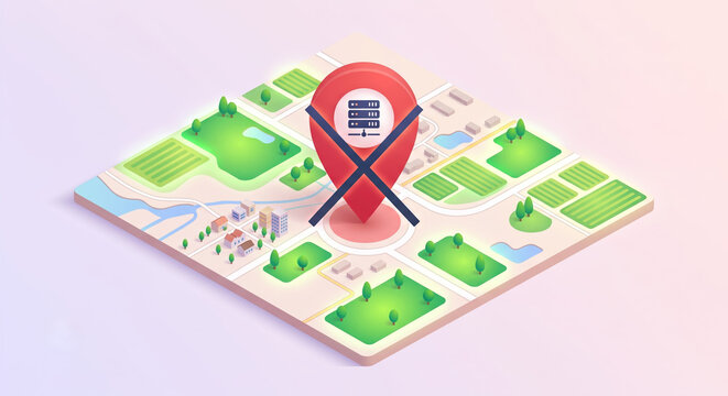Clean 3D isometric map illustration featuring a prominent red map pin with a server rack icon, struck through with an X. Green parks and vibrant local farms glow on a pastel background.