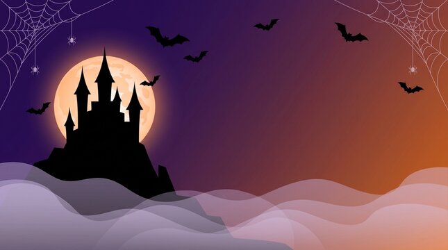 Spooky Halloween background vector illustration featuring a dark silhouette of a haunted castle against a glowing full moon and purple-orange gradient sky. Flying bats, spider webs with hanging spider