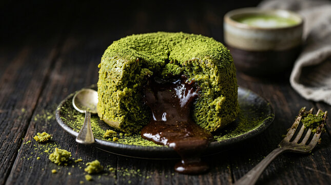 Delicious matcha green tea lava cake with molten chocolate center on a rustic wooden table.
