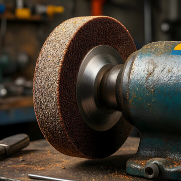 Industrial manufacturing and metalworking, abrasive grinding wheel on electric bench grinder for sharpening tools and surface finishing in workshop