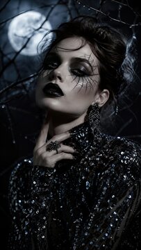 Woman wearing spiderweb makeup and black sequined fashion for Halloween. Gothic beauty portrait with moon and web backdrop. Costume party style. Dark fantasy makeup and fashion editorial.