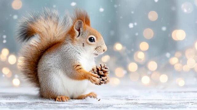?Adorable squirrel eating pinecone in snowy winter wonderland