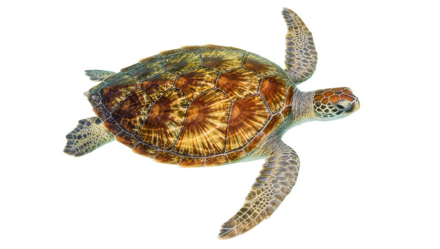 Green sea turtle with patterned shell, isolated on transparent background