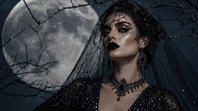 Woman in black veiled costume with dramatic makeup beneath full moon. Halloween beauty and fashion. Gothic costume party and carnival style. Dark fantasy portrait and seasonal celebration.