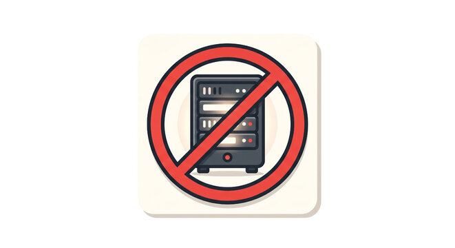 Minimalist flat illustration of a glowing server rack inside a thick red prohibition circle with a diagonal slash. The clean off-white background is ideal for campaign stickers.