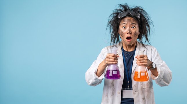 Shocked female scientist with messy hair and dirty face holding two chemical flasks after a failed experiment. Humorous lab mishap.