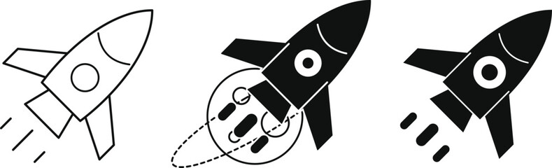 Rocket launch icon set in three artistic graphic styles for space travel themes with rocket ship © ريحان