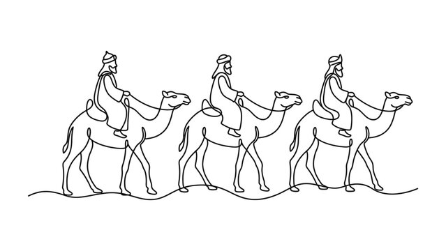 Continuous line drawing of three wise men riding camels in a desert procession.