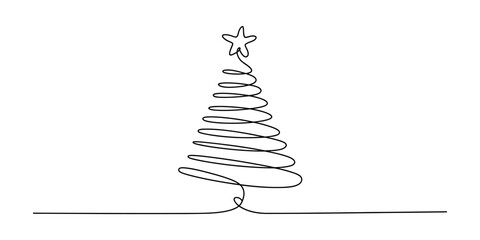 Fototapeta premium Continuous single line drawing of a simple abstract christmas tree with a top star
