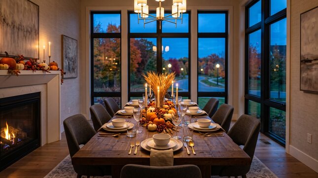 Elegant dining room decorated for Thanksgiving dinner with autumn centerpiece and lit candles