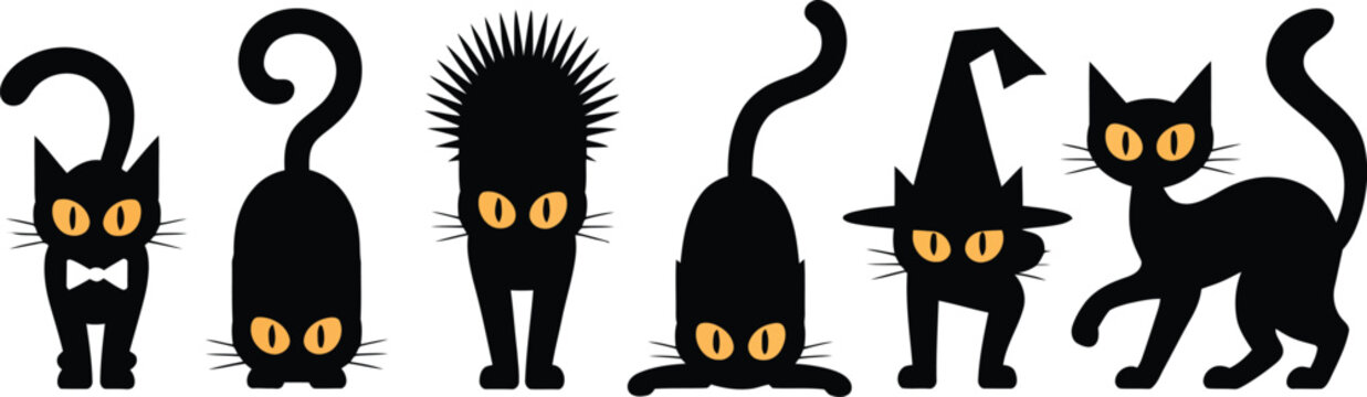 Set Halloween black cat silhouette line art vector illustration, spooky feline collection for October holiday, haunted night, horror party and seasonal decoration designs.
