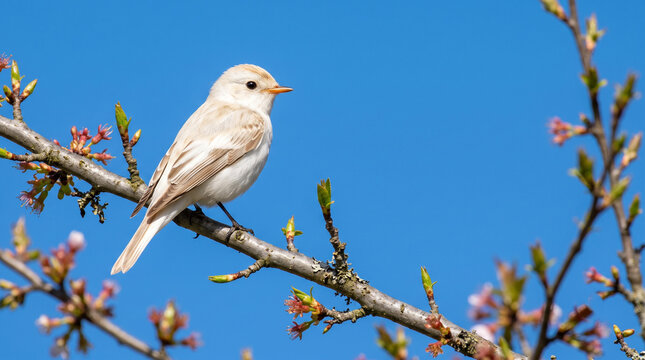 White Songbird Perched on a Budding Tree Branch Against a Blue Spring Sky
