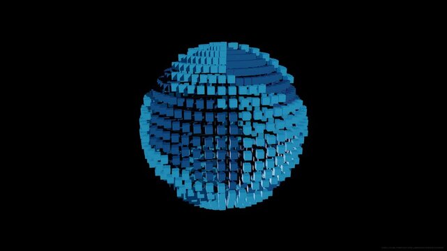 Abstract blue cube sphere rotates and forms on black background, digital animation