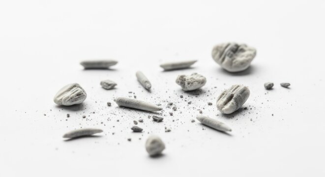 Scattered Coffee Beans and Grounds on White.